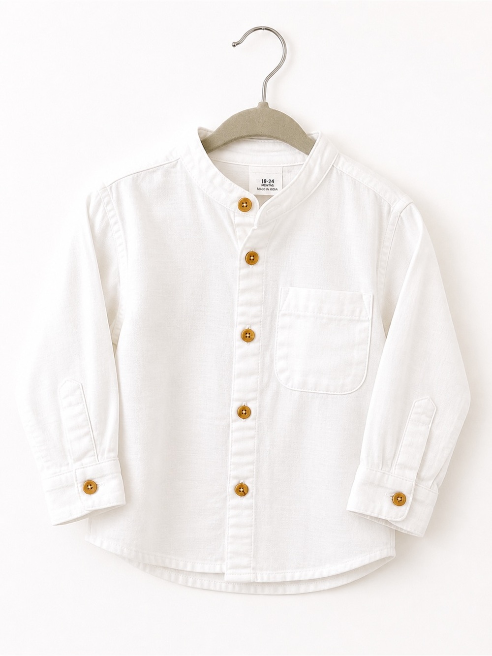 Zara White Boys' Mandarin Collar Button-Down Shirt with Wood-Tone Buttons